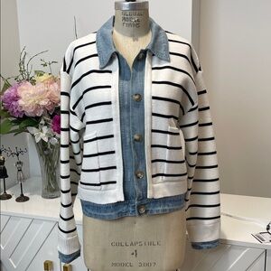 NWT Mable White & Black Striped Knit Denim Trimming Women's Jacket